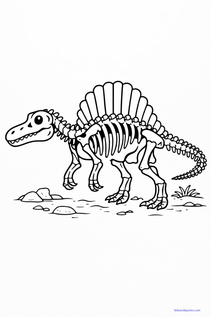 Black-and-white line art of a simplified Spinosaurus skeleton or fossil display. 