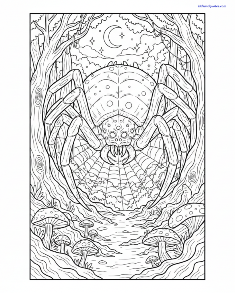 This line-art coloring page depicts the giant spider Aragog looming over its web in the Forbidden Forest. The scene is set under a crescent moon and stars, framed by gnarled trees and a foreground of spotted mushrooms.
