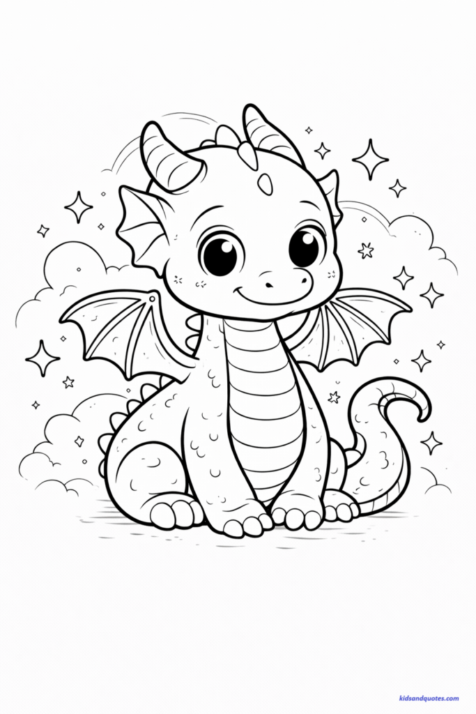 Coloring page of a friendly baby dragon sitting and smiling, with small wings, soft horns, and a curled tail. Gentle fantasy style, child-safe design. Stars and clouds in the background.