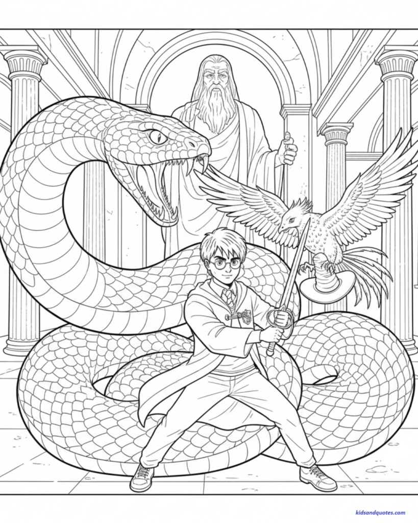 A coloring page depicting Harry Potter standing in a pillared stone chamber, holding the Sword of Gryffindor. He is positioned in front of a massive, coiled Basilisk with its mouth open, while Fawkes the phoenix flies nearby. A large statue of Salazar Slytherin is visible in the background between two tall columns.
