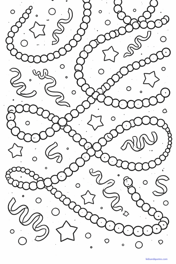 Black-and-white coloring page featuring looping Mardi Gras bead necklaces scattered across the page with confetti, stars, and streamers. 