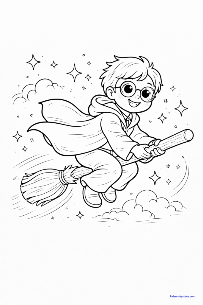 Coloring page of a young wizard child flying on a broomstick through the sky. Friendly expression, flowing wizard robe, simple clouds and stars in the background.