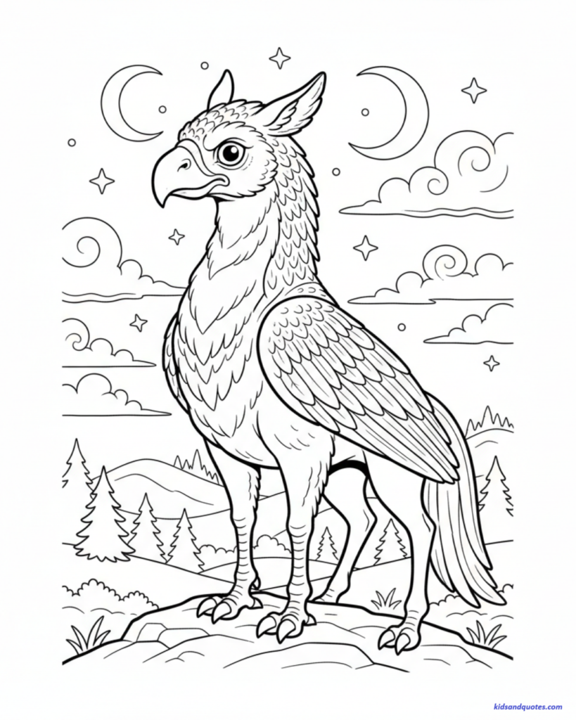 Free to Print coloring page featuring, Buckbeak the Hippogriff standing proudly on a rocky hill. The creature is set against a night sky filled with two crescent moons, stars, and swirling clouds, with a background of rolling hills and pine trees.