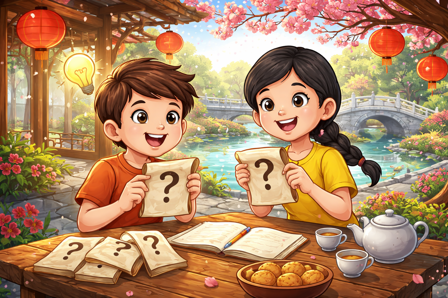 Illustration of two smiling children solving riddles together at a wooden table in a peaceful garden with red lanterns, cherry blossoms, a koi pond, and a stone bridge, capturing a playful Chinese festival atmosphere.