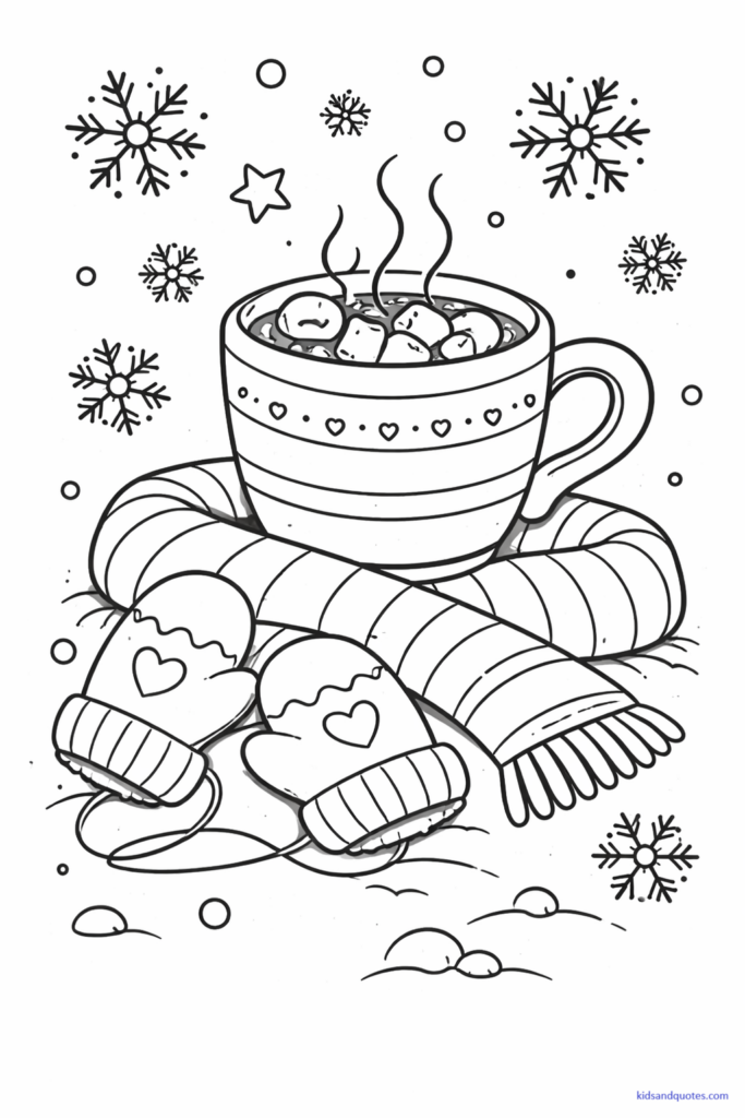 Black-and-white coloring page of a cozy mug of hot cocoa with marshmallows and steam rising. Mittens, a scarf, or snowflakes nearby. Calm winter vibe with open spaces for coloring. 