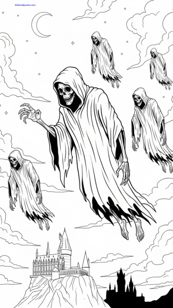 This coloring page depicts five skeletal Dementors in hooded robes floating through a night sky above Hogwarts Castle. The scene is set against a backdrop of swirling clouds, stars, and a crescent moon, with the dark silhouette of the castle's towers resting on a cliff below.