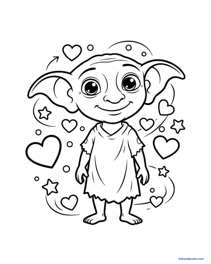 Coloring page of a small friendly elf character inspired by Dobby, with big ears, big eyes, and a gentle smile. Wearing a simple cloth outfit. Surrounded by stars and hearts. 
