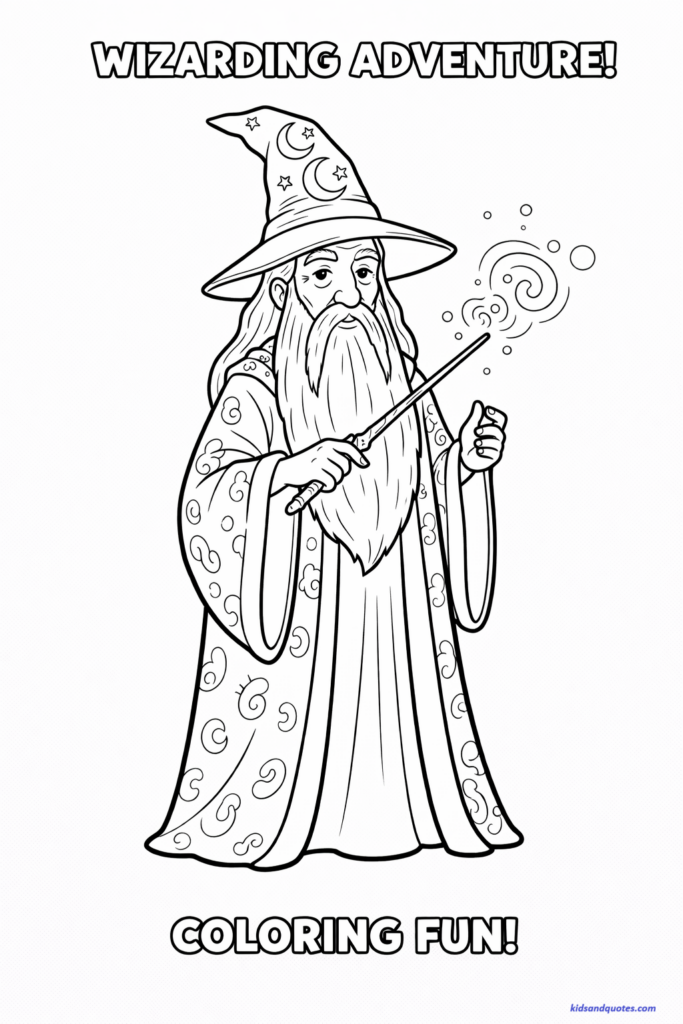 Coloring page of an elderly wise wizard inspired by Dumbledore, with long beard, wizard hat, and flowing robe. Holding a wand with gentle star magic around it. Calm, kind expression.