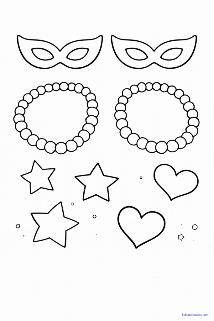 Coloring page featuring simple Mardi Gras shapes like masks, beads, stars, and hearts arranged neatly.