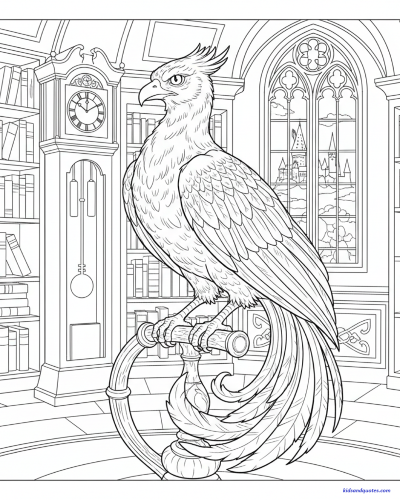 This coloring page features Fawkes the phoenix perched on a golden stand inside Dumbledore's office. The room is detailed with floor-to-ceiling bookshelves, a tall grandfather clock, and a large arched window that offers a view of Hogwarts Castle in the distance.
