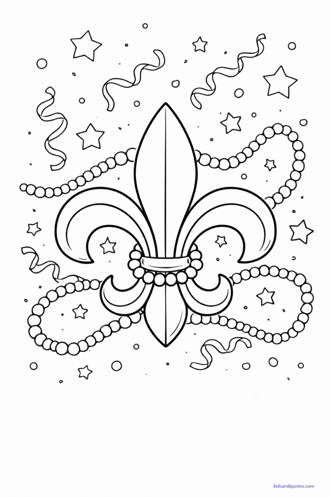 Coloring page of a large fleur-de-lis symbol centered on the page, surrounded by beads, stars, and ribbons. 