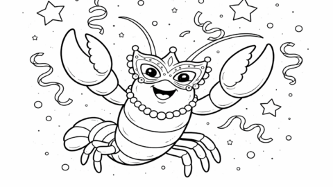 Black-and-white Mardi Gras coloring page featuring a happy crawfish wearing a masquerade mask and bead necklace, surrounded by stars, confetti, and streamers.
