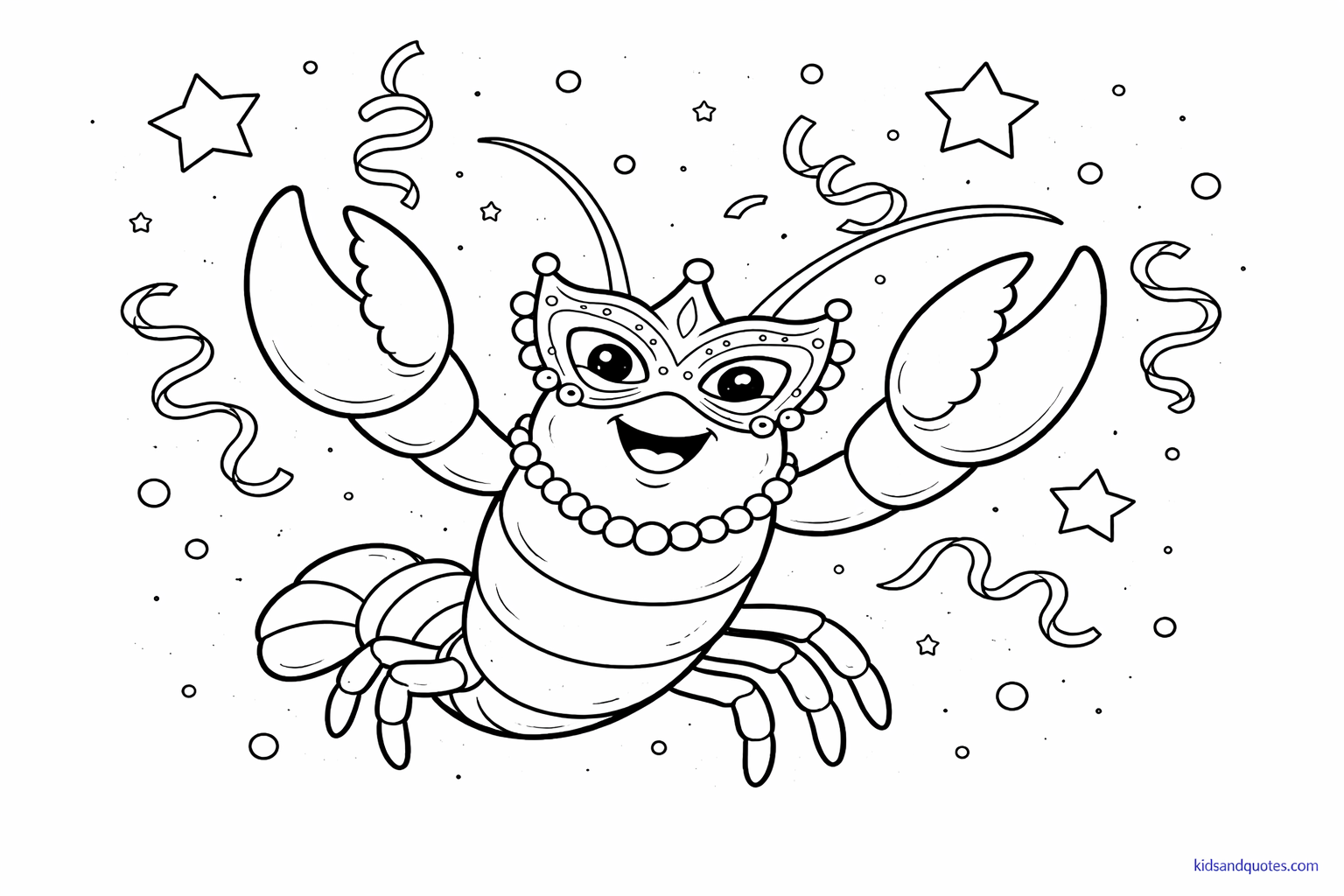 Black-and-white Mardi Gras coloring page featuring a happy crawfish wearing a masquerade mask and bead necklace, surrounded by stars, confetti, and streamers.