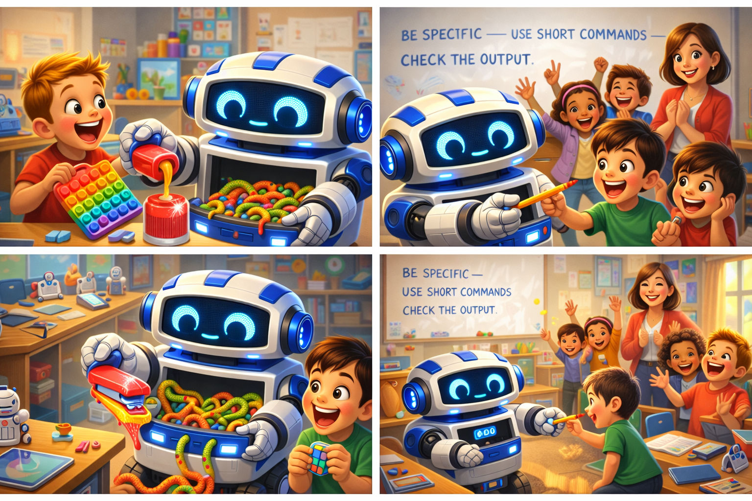 A funny short story: A colorful 3D cartoon-style collage showing a classroom robot making funny mistakes and learning to help kids. The robot pours paint, spills toy snakes, and finally gives a pencil correctly to a smiling child as classmates cheer, with a teacher proudly watching and a classroom whiteboard reading “Be Specific – Use Short Commands – Check the Output.”