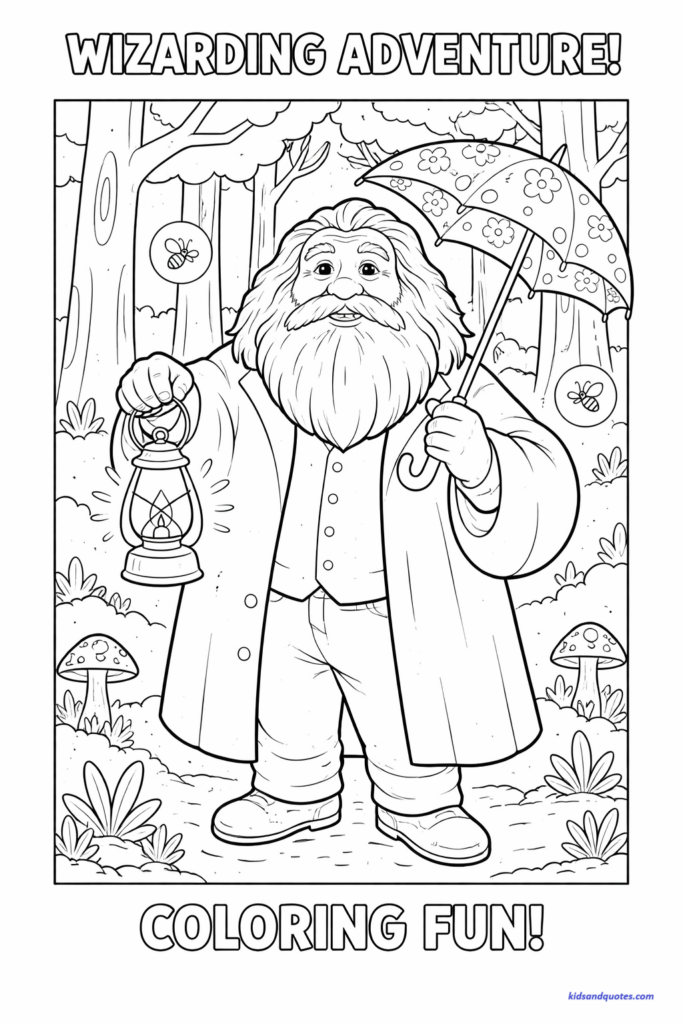 Coloring page of a large friendly wizard inspired by Hagrid, with big beard, long hair, and warm smile. Holding a lantern and an umbrella wand. Gentle magical forest background. 