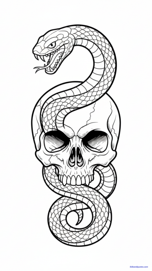 This coloring page depicts the Dark Mark, featuring a large skull with a snake emerging from its mouth and coiling around it. The snake has detailed scales and bared fangs, while the skull is presented in a bold, stylized design against a plain white background.