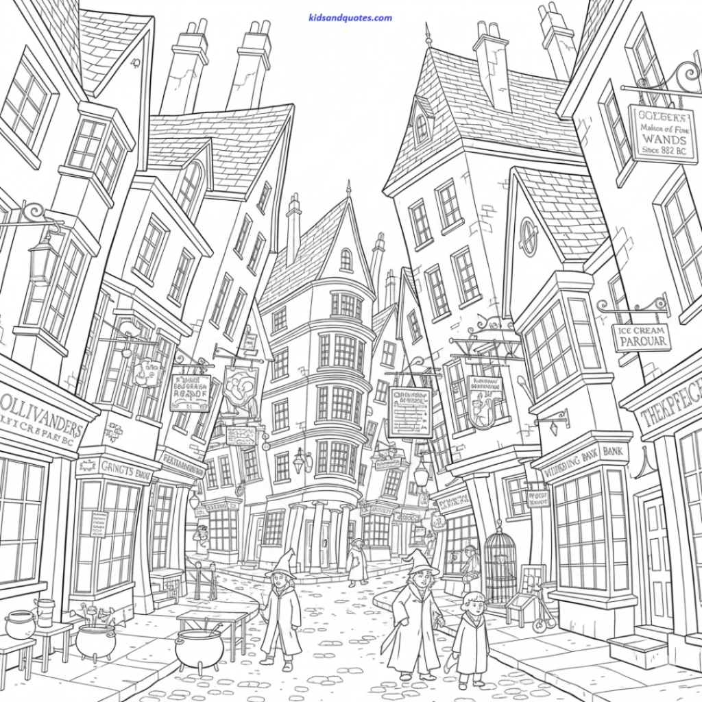 A detailed line-art coloring page depicts a wide-angle view of Diagon Alley, featuring towering, crooked wizarding shops with prominent signs like "Ollivanders". Three young students in robes walk along the cobblestone street past bubbling cauldrons and magical storefronts. The scene is characterized by whimsical, leaning architecture and many intricate windows and chimneys stretching toward the sky.