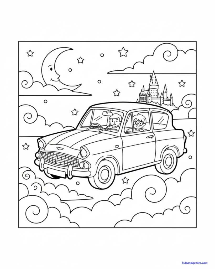 This coloring page features Harry Potter and Ron Weasley flying in a Ford Anglia through a night sky filled with clouds and stars. A crescent moon with a smiling face watches over them as they fly toward the silhouette of Hogwarts Castle in the distance.