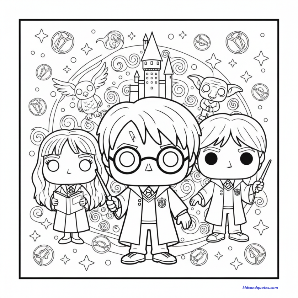 This coloring page features Harry, Ron, and Hermione depicted in a stylized, Funko Pop aesthetic with oversized heads and large black eyes. The trio is positioned in the foreground, with Harry in the center holding his wand, Hermione to the left with a book, and Ron to the right also holding a wand. The background is a dense, whimsical collage including Hogwarts Castle, Dobby the house-elf, Hedwig the owl, and various magical symbols like the Golden Snitch and floating stars.