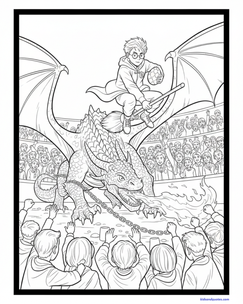 A line-art coloring page depicting a key scene from Harry Potter and the Goblet of Fire. Harry Potter is shown flying on a broomstick, clutching a dragon egg, while maneuvering above a massive, fire-breathing Hungarian Horntail dragon. The action takes place in a crowded arena, with tiered rows of spectators cheering from the background.
