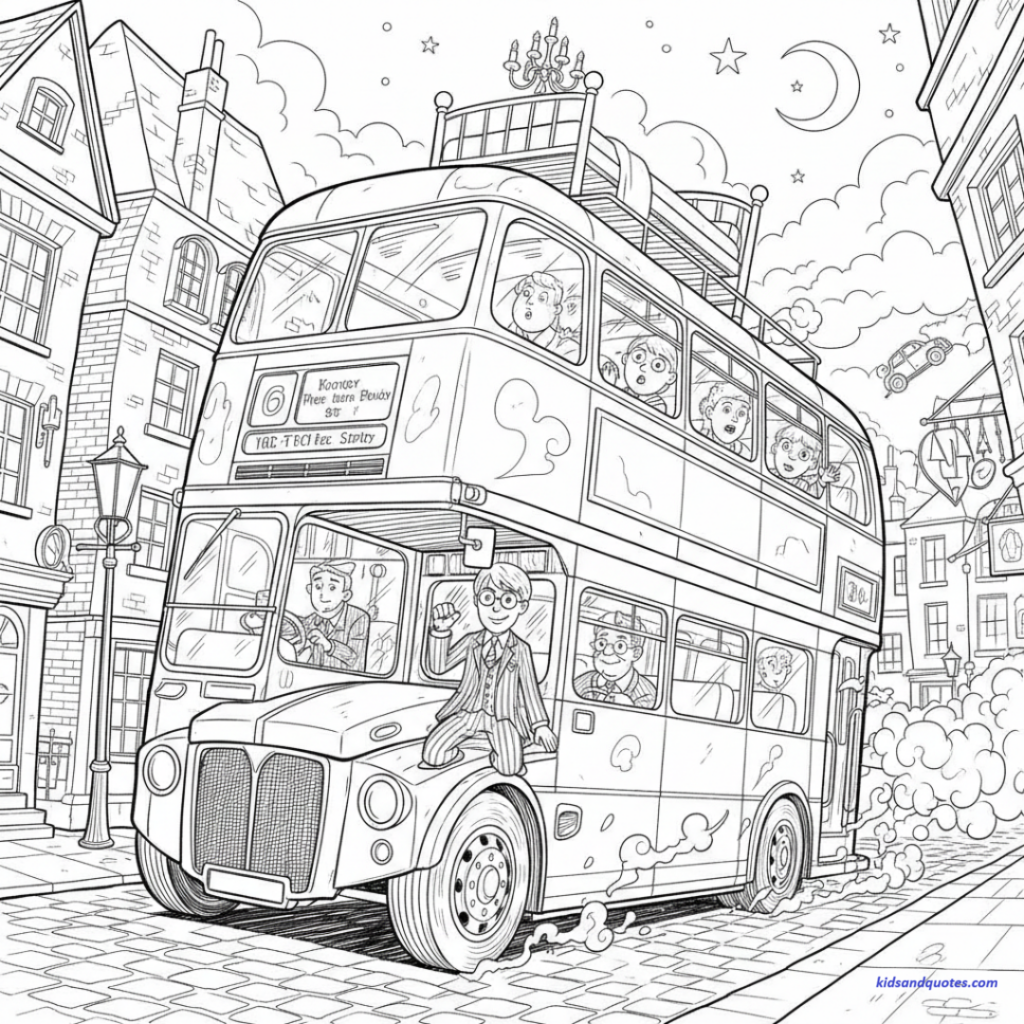 This coloring page features the triple-decker Knight Bus speeding down a cobblestone street at night under a crescent moon and stars. Stan Shunpike stands on the open platform at the front, while the bus's interior shows passengers and even a bed on the top level. The background is filled with tilted, whimsical buildings, and a flying car can be seen in the distant sky.