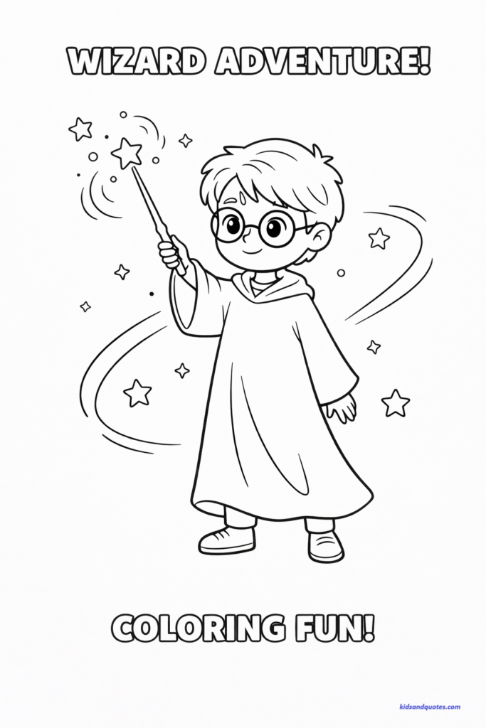 This Harry Potter coloring page features a cartoon-style young wizard resembling Harry Potter. He is standing and smiling while holding up a magic wand that is emitting small stars. The character is surrounded by swirling lines and floating stars.