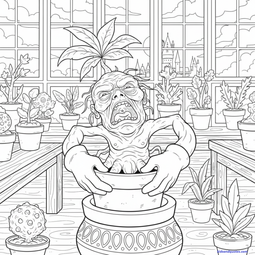 This coloring page depicts a screaming Mandrake being pulled from its flowerpot in a Hogwarts greenhouse. The magical plant features a distorted, human-like face and root-like limbs, surrounded by various potted magical plants on wooden benches. Large windows in the background reveal a cloudy sky and the silhouette of Hogwarts Castle.