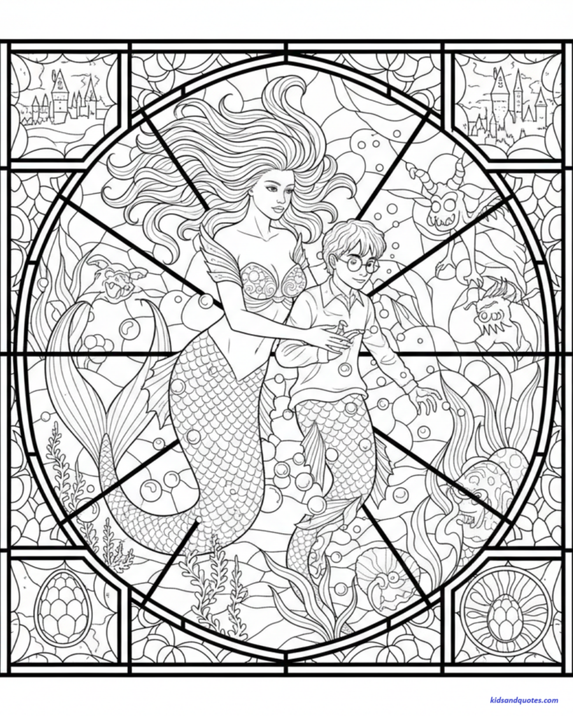 This coloring page, designed in a circular stained-glass window style, depicts Harry Potter underwater with a mermaid. The scene captures the Triwizard Tournament's second task, featuring Grindylows, bubbles, and seaweed surrounding the central figures. The corners of the frame include additional details like dragon eggs and the silhouette of Hogwarts Castle.