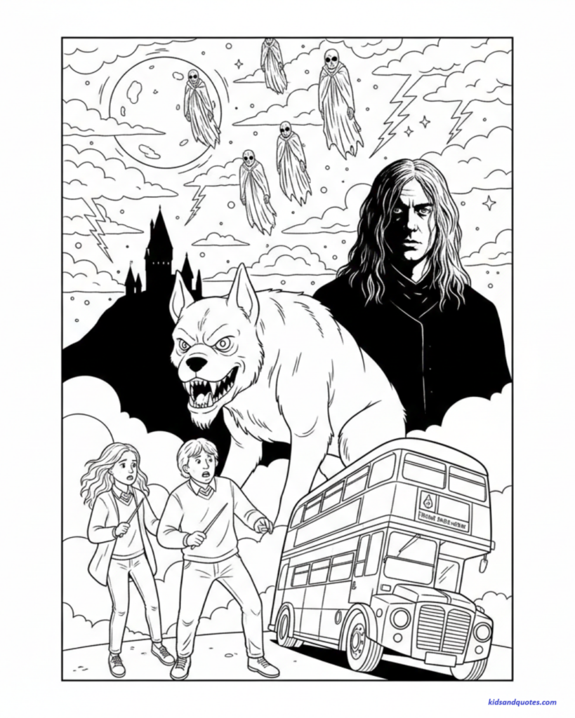 A detailed line-art coloring page illustrating key themes from Harry Potter and the Prisoner of Azkaban. The scene features Hermione and Ron standing at the bottom left with wands drawn, positioned near the triple-decker Knight Bus. A large werewolf and a stern portrait of Sirius Black occupy the center, while Dementors fly through a night sky filled with a full moon, lightning, and the distant silhouette of Hogwarts Castle.