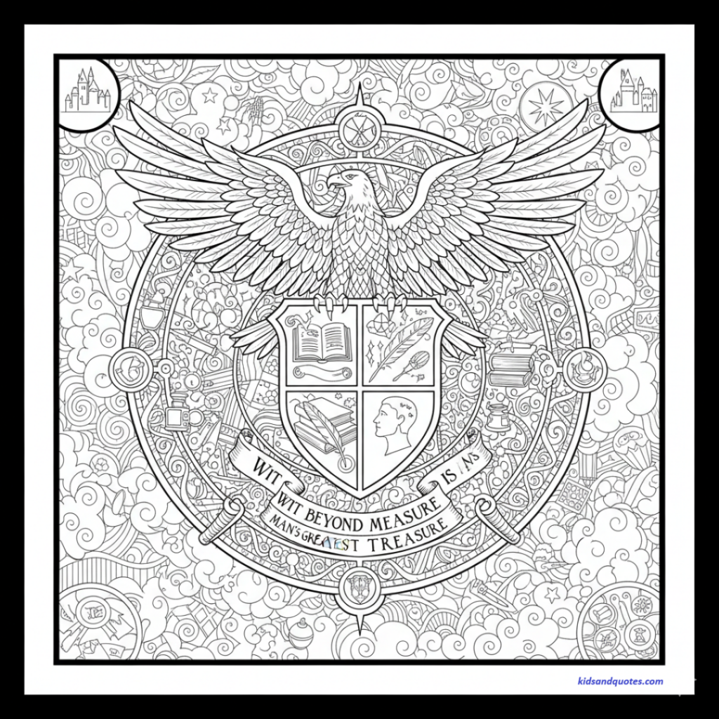 This coloring page features a highly detailed Ravenclaw crest centered within a circular frame. An eagle with spread wings is perched atop the shield, which is divided into four quadrants containing symbols like a book and a quill. A banner below the shield displays the house motto: "Wit beyond measure is man's greatest treasure". The entire crest is set against a dense, whimsical background of swirling clouds, stars, and various magical objects.