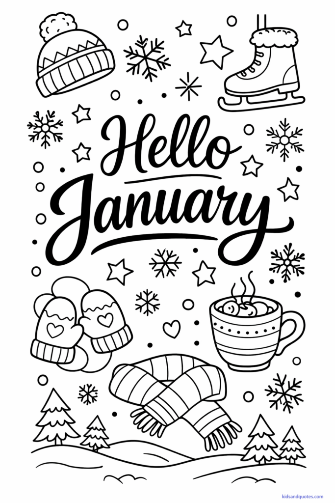 Free coloring page: Black-and-white line art of hand-lettered text reading “Hello January” surrounded by simple winter elements like snowflakes, mittens, hats, and stars. 