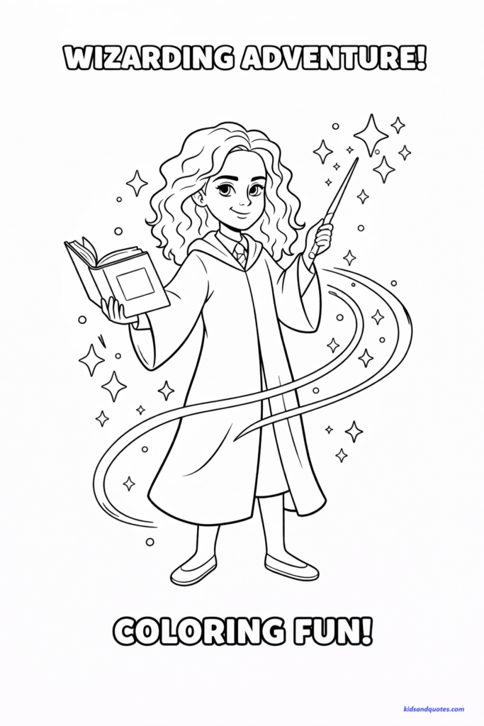 Coloring page of a young wizard girl inspired by Hermione Granger, with curly hair, holding a spell book and wand. Gentle smile, confident pose. Magical sparkles and stars around her.
