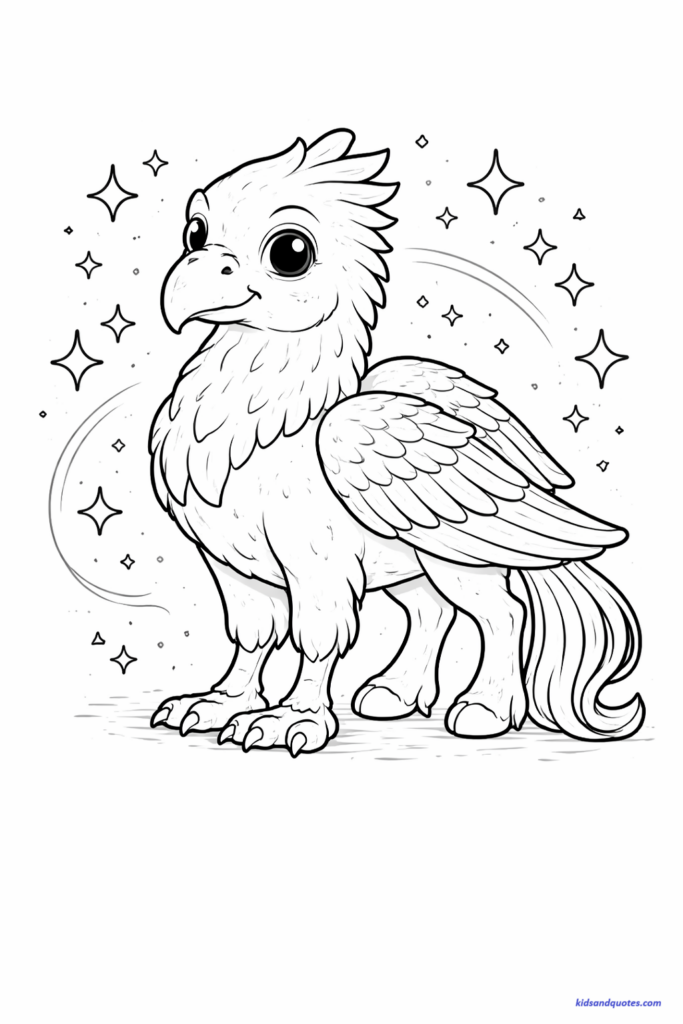 Coloring page of a magical hippogriff (half eagle, half horse) standing calmly with wings folded. Friendly expression, soft fantasy design.