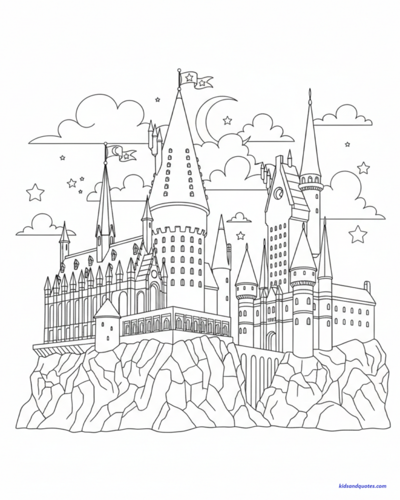 Coloring page of a large magical castle inspired by Hogwarts, with tall towers, pointed rooftops, arched windows, and flags. Fairytale-style wizard school architecture. Soft clouds and stars in the sky. Clean, balanced composition.