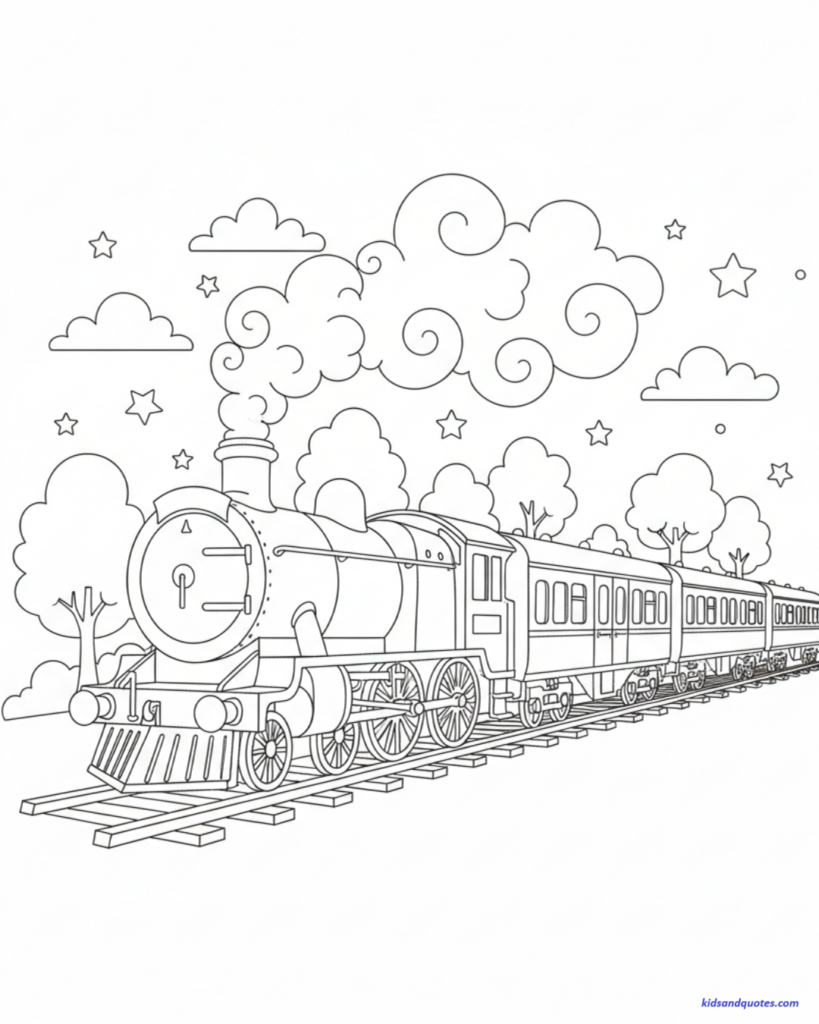 Free to print coloring page of a magical steam train inspired by the Hogwarts Express, moving along railway tracks. Smoke clouds, stars, and simple trees in the background.