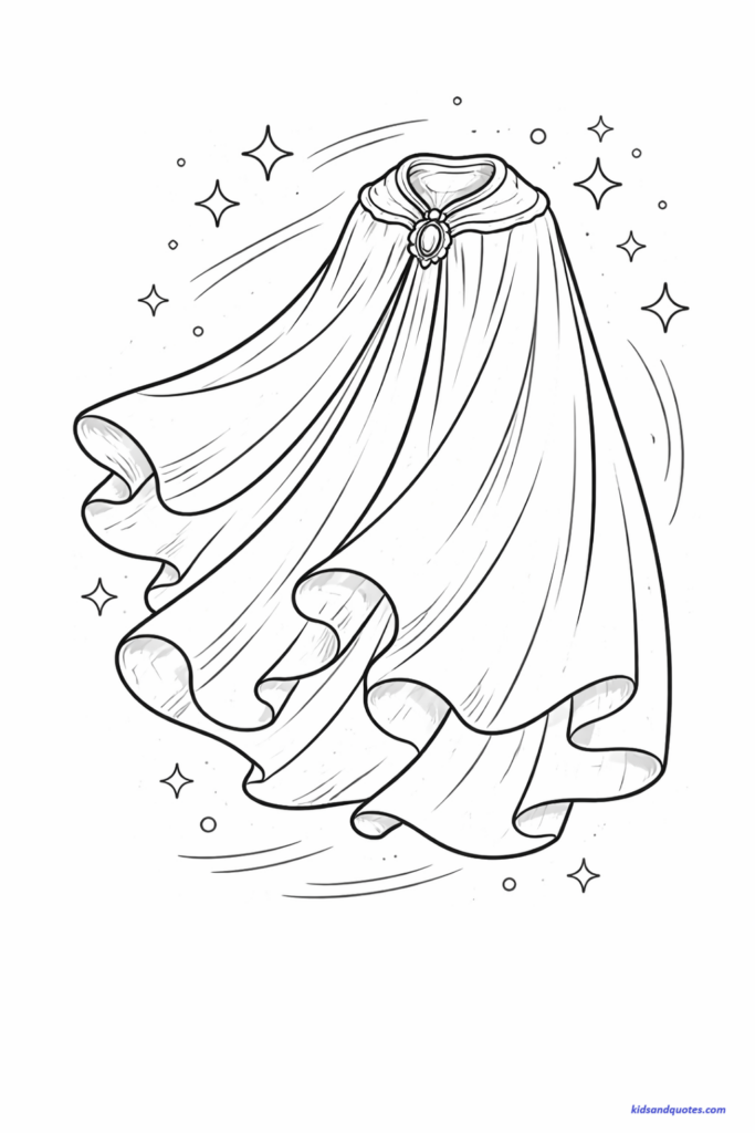 Coloring page of a flowing magical invisibility cloak draped in the air, with soft folds and gentle motion lines. Stars and sparkles around the cloak. 