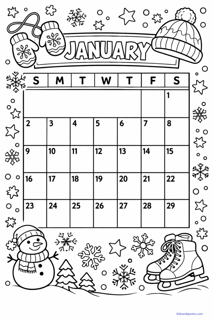 Black-and-white coloring page of a simple January calendar page with large date boxes. Winter decorations like snowflakes, mittens, and stars around the edges.
