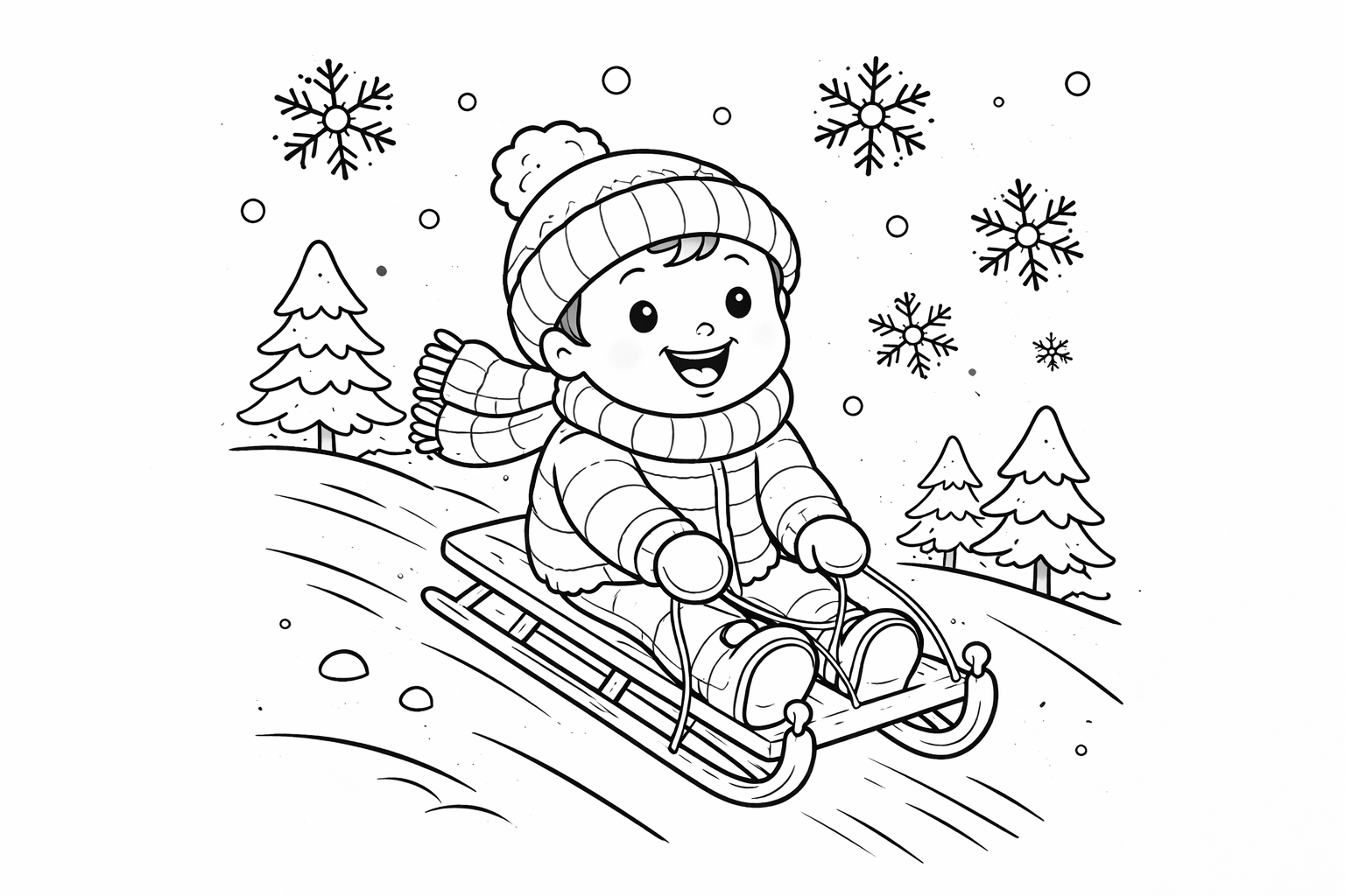 Black-and-white winter coloring page showing a happy child sledding downhill in the snow, wearing a knit hat and scarf, with snowflakes and pine trees in the background.