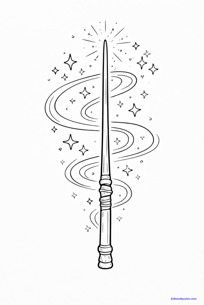 Free to print coloring page of a magical wizard wand centered on the page, with soft star sparkles and swirling magic lines around it. Simple elegant wand design. 