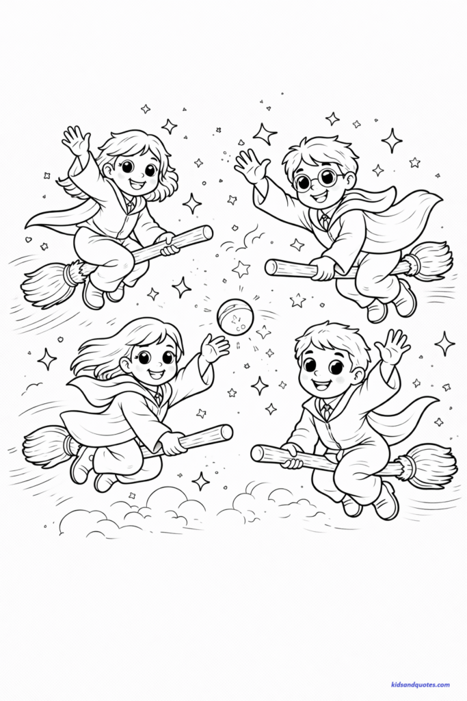 Coloring page of multiple wizard kids flying together on broomsticks in the sky, smiling and waving.  