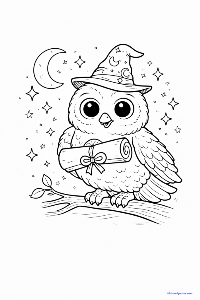 Coloring page of a magical owl perched on a branch, wearing a tiny wizard hat or carrying a scroll. Big friendly eyes, cute fantasy style. Stars and moon in background.