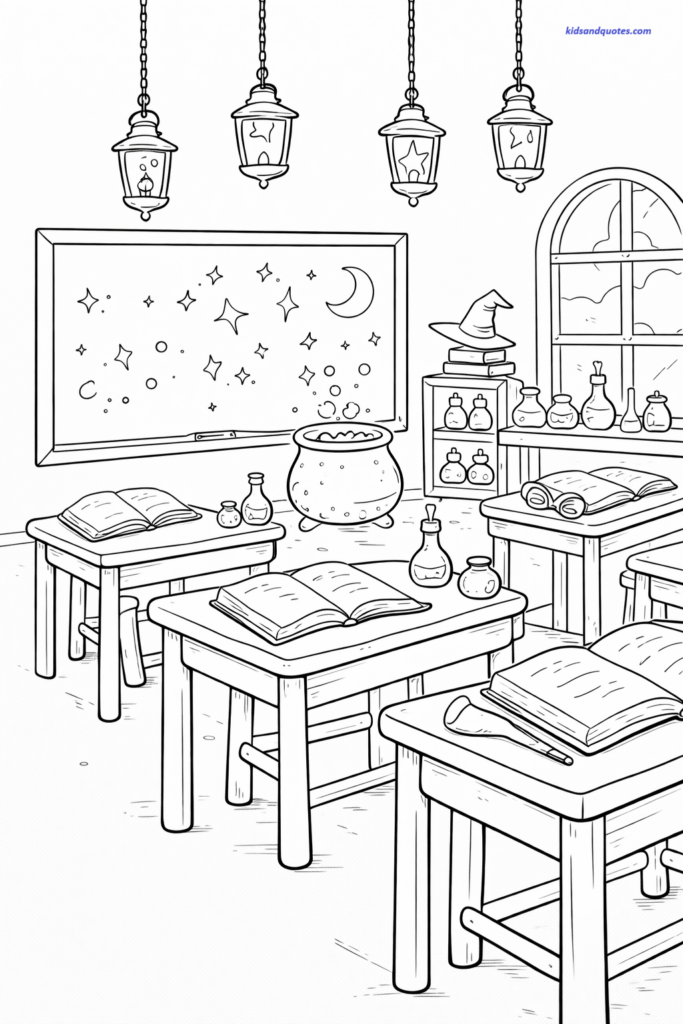 Coloring page of a wizard school classroom scene with desks, spell books, potion bottles, a chalkboard with stars and moons, and hanging lanterns. Cozy magical learning environment. 