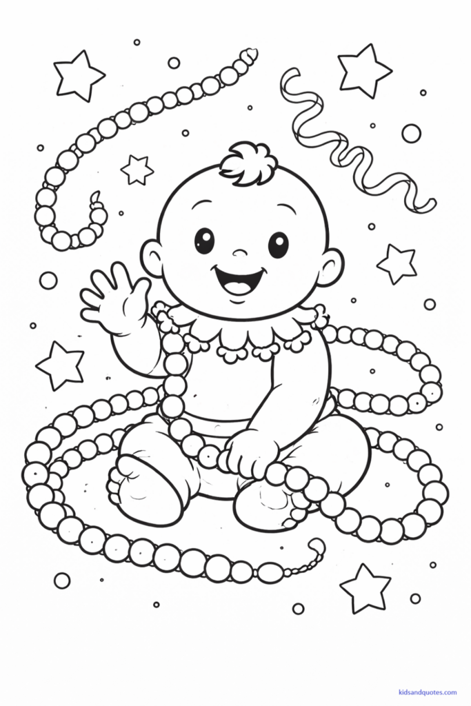 Black-and-white coloring page of a cute, friendly king cake baby character smiling, surrounded by stars and beads.