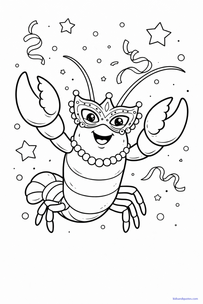Coloring page of a happy crawfish wearing a small Mardi Gras mask or bead necklace. Stars, ribbon, and confetti.