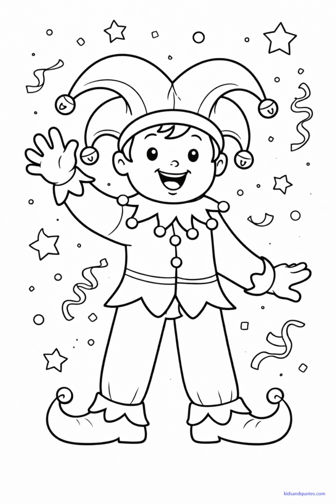 Black-and-white art of a friendly Mardi Gras jester smiling and waving. Simple jester hat with bells, oversized shoes, and cheerful pose.