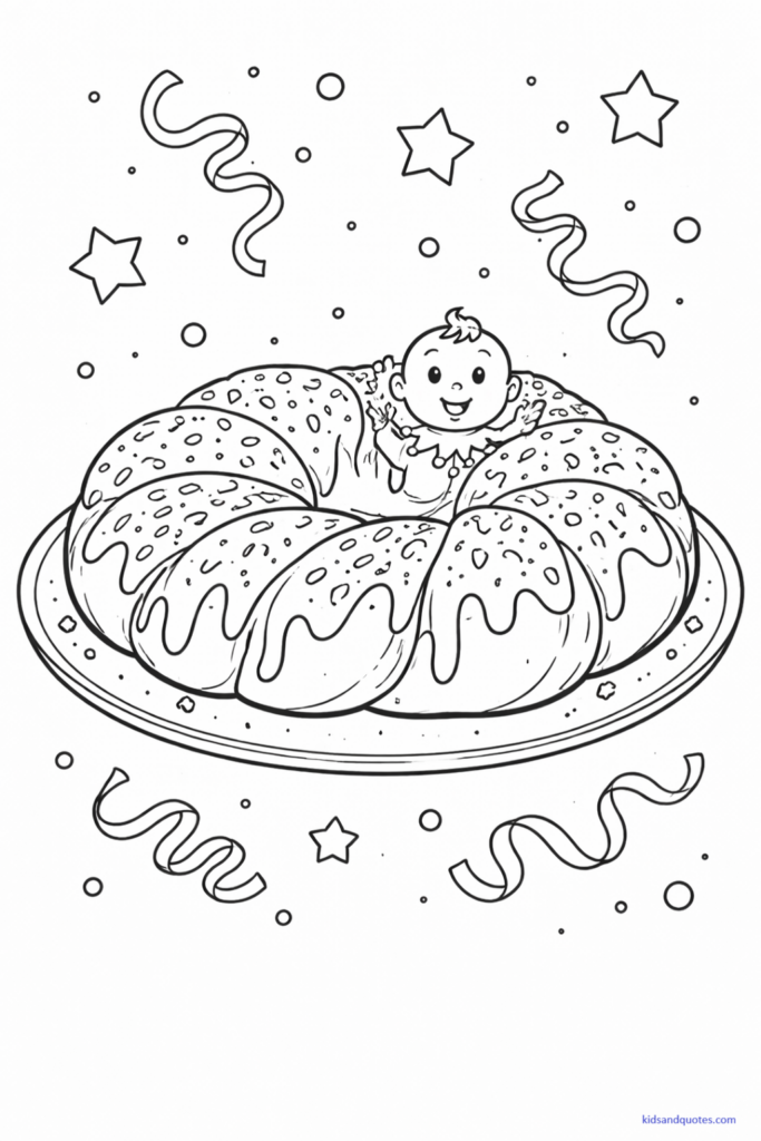 Black-and-white art of a large Mardi Gras king cake on a plate, decorated with icing stripes and sprinkles. Simple shapes and gentle curves.