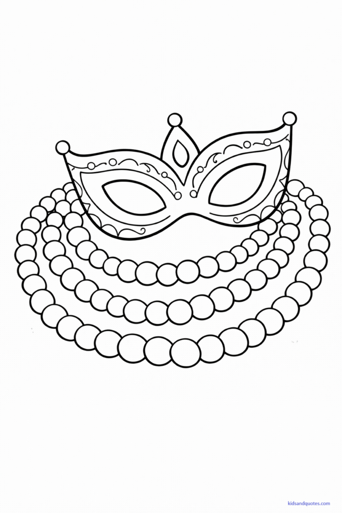 Coloring page of a Mardi Gras mask resting on layered bead necklaces. Decorative but simple composition.