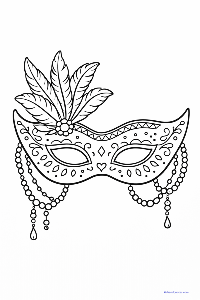 Mardi Gras Coloring Page: Black-and-white art of an elegant Mardi Gras masquerade mask centered on the page. Decorative feathers, beads, and simple patterns on the mask. 
