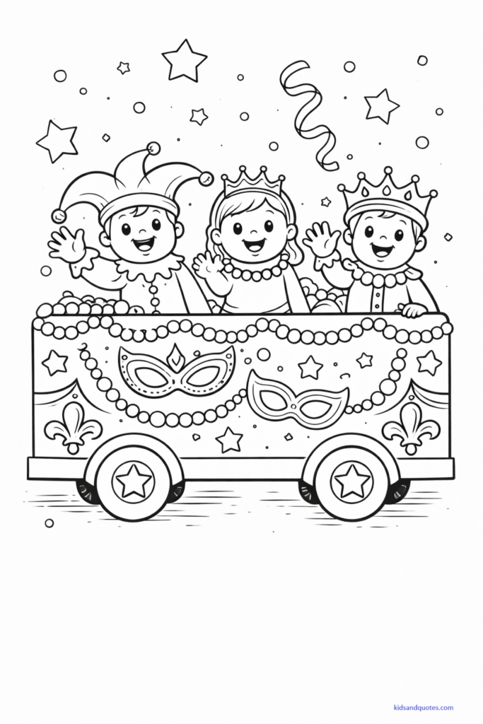 Coloring page of a simple Mardi Gras parade float decorated with masks, beads, and stars. Smiling characters riding the float and waving.
