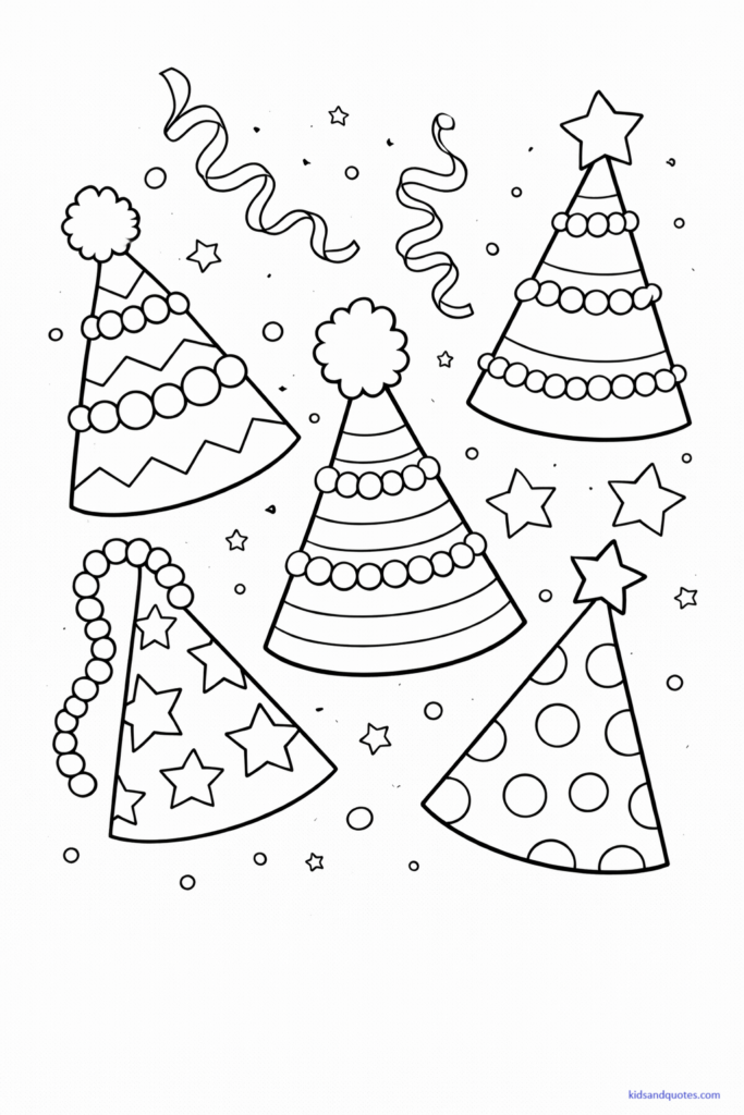 Coloring page of several Mardi Gras party hats decorated with stripes, dots, stars, and beads.